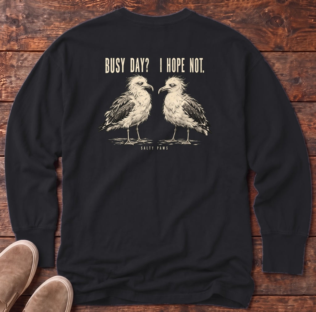 Busy Day Gulls Back Design Long Sleeve Tee in Black, Salty Paws Comfort Colors Long Sleeve Tee, back design flat lay