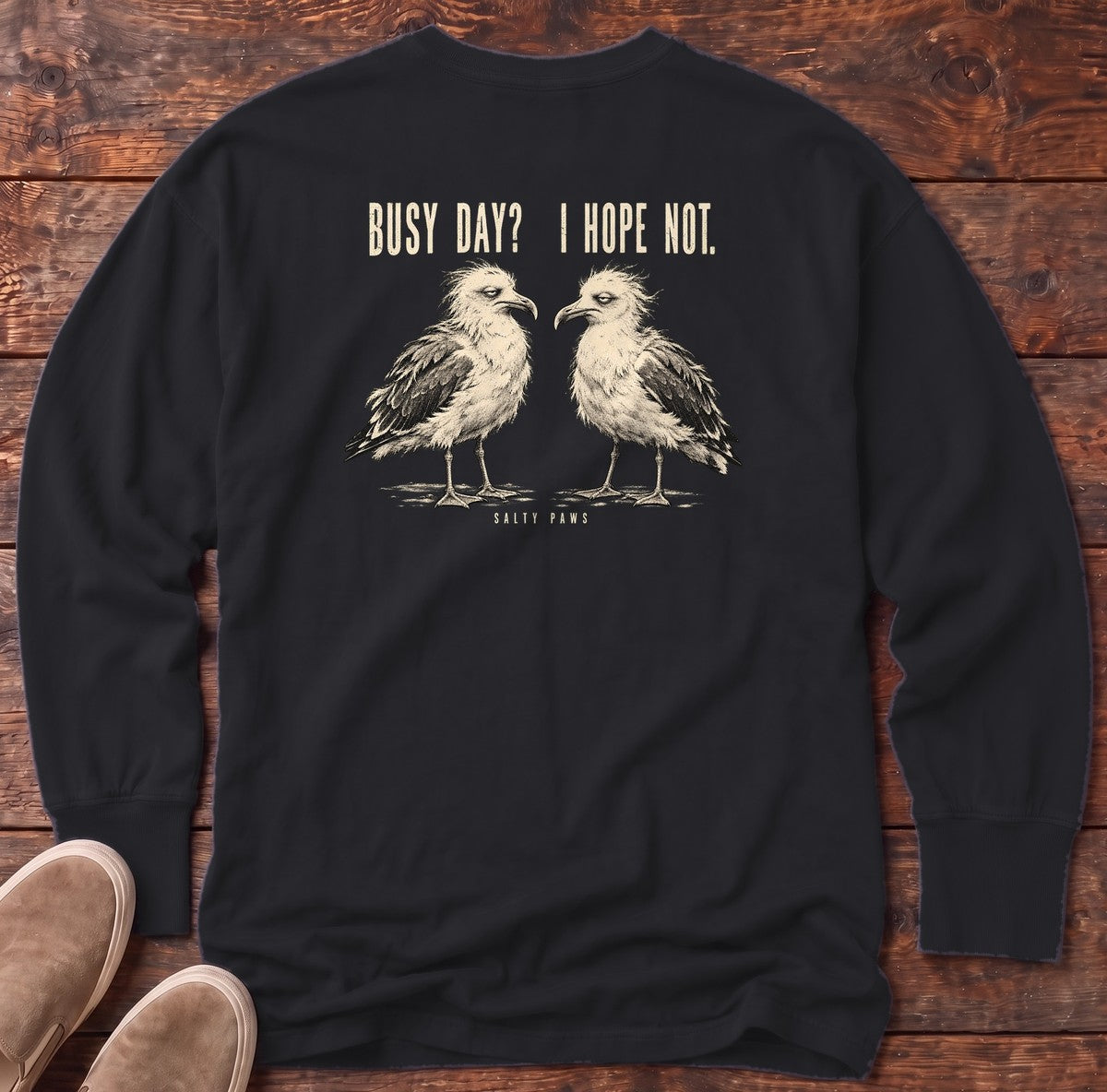 Busy Day Gulls Back Design Long Sleeve Tee in Black, Salty Paws Comfort Colors Long Sleeve Tee, back design flat lay
