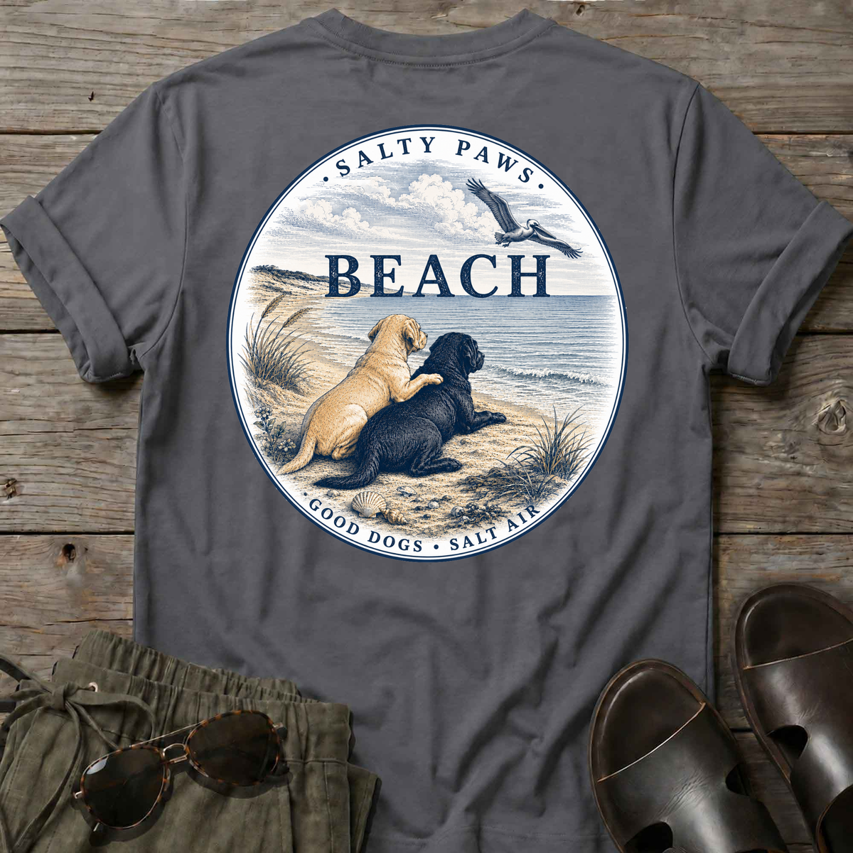 BEACH Pelican Labradors T-Shirt in Charcoal, Salty Paws coastal t-shirt