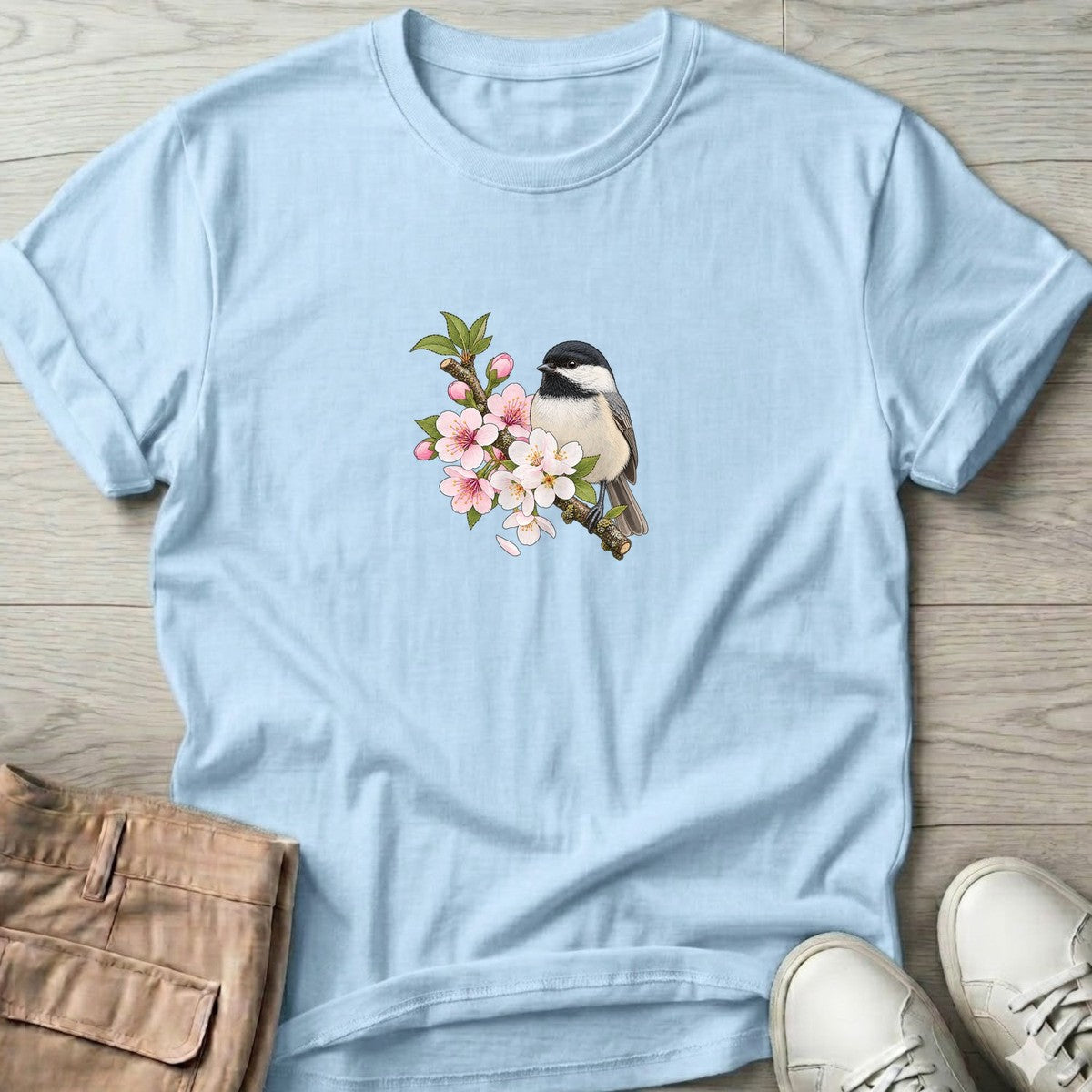 Chickadee Blossom T-Shirt in Light Blue