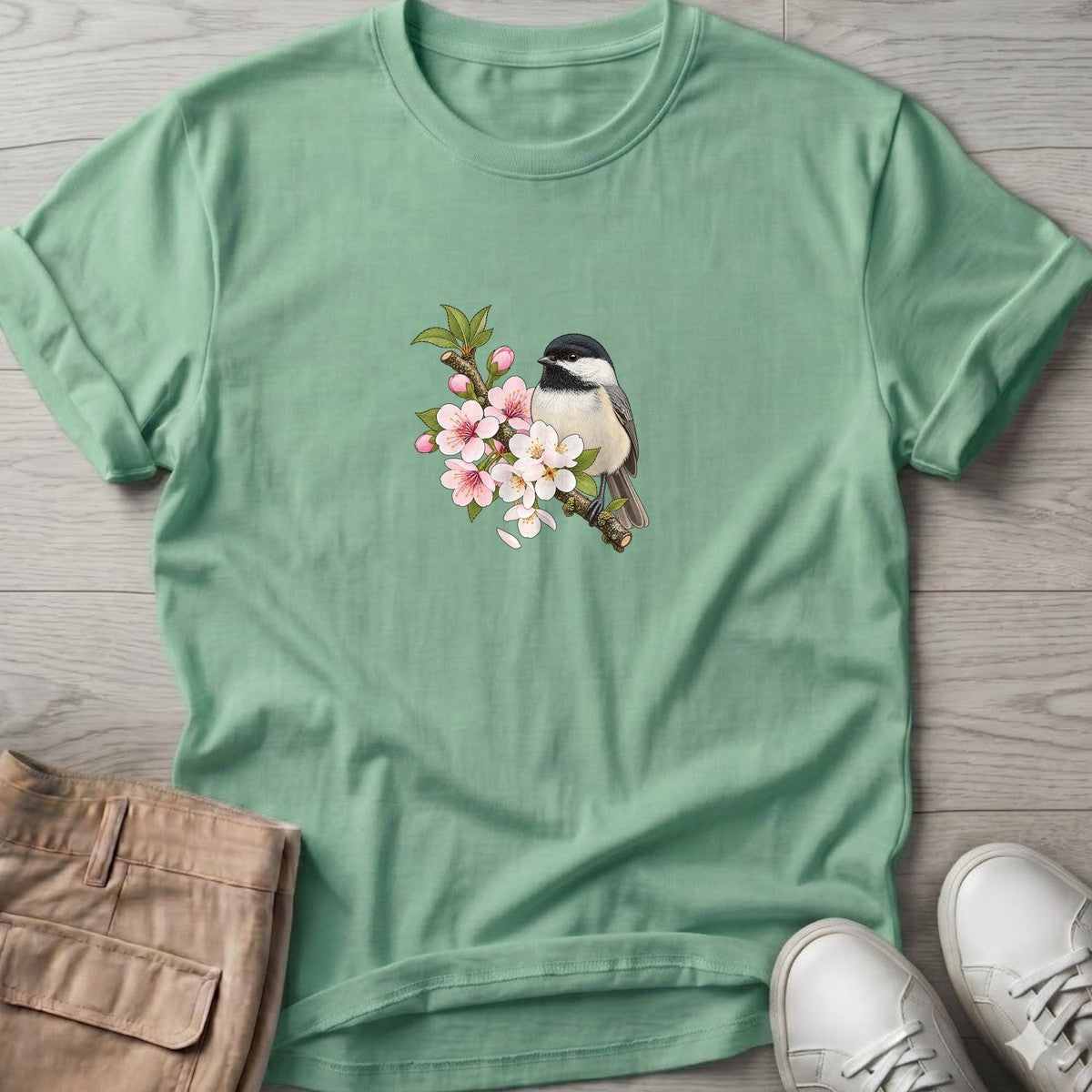 Chickadee Blossom T-Shirt in Mint Green