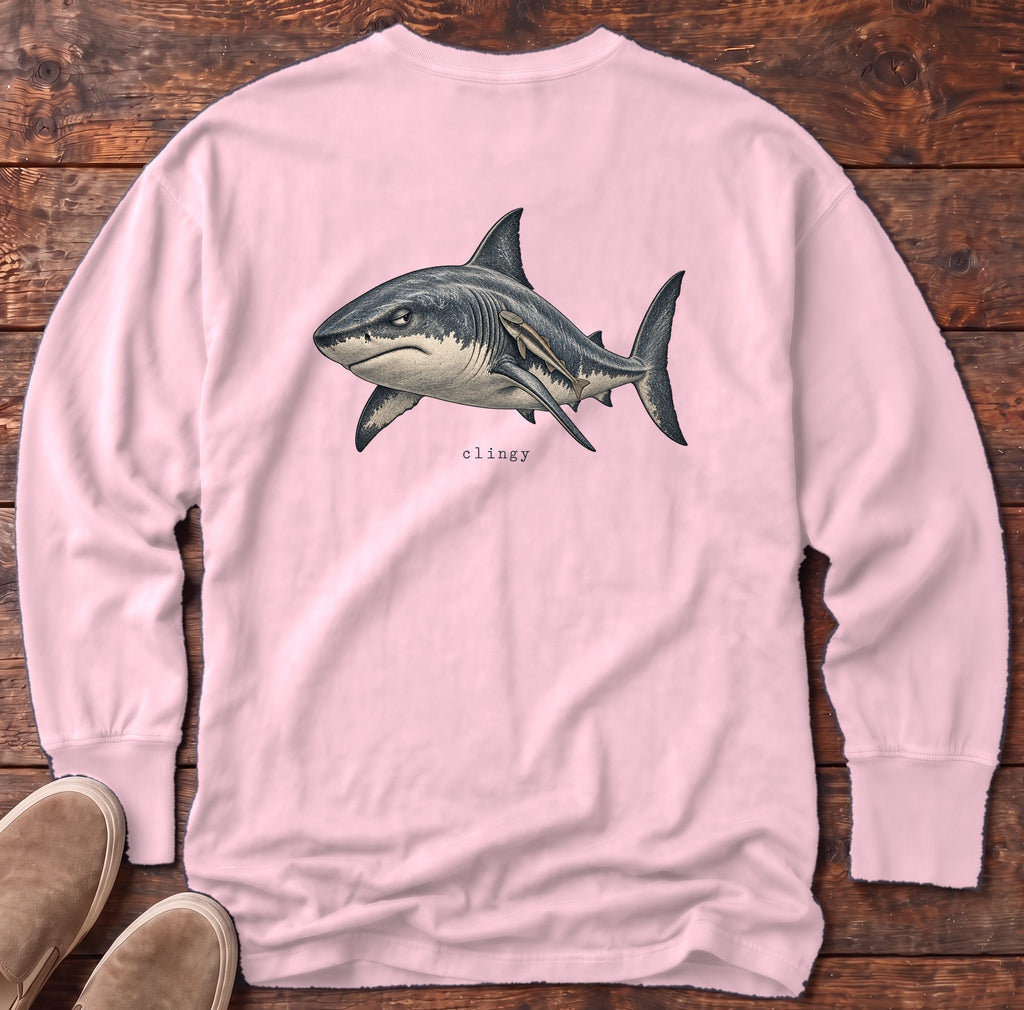 Clingy Shark Back Design Long Sleeve Tee Comfort Colors in Blossom, Salty Paws Comfort Colors Long Sleeve Tee, back design flat lay