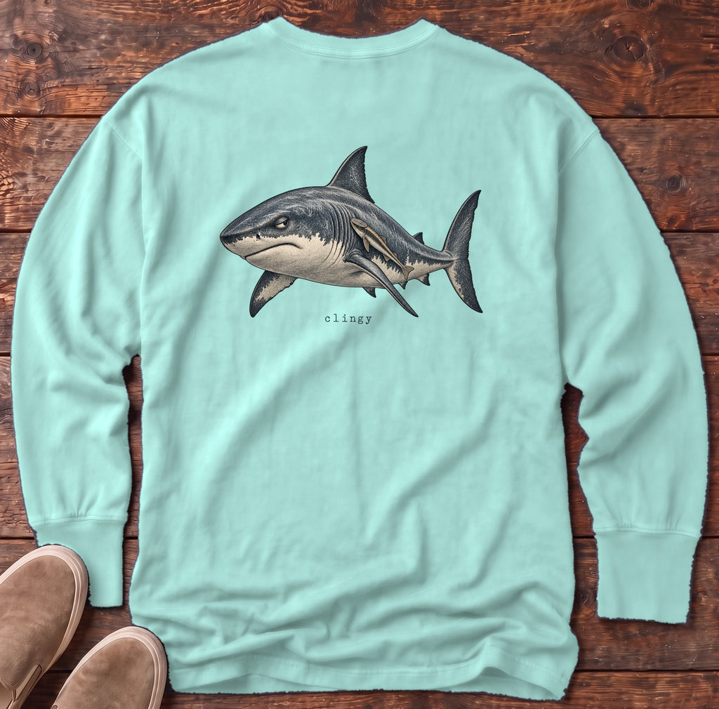 Clingy Shark Back Design Long Sleeve Tee Comfort Colors in Chalky Mint, Salty Paws Comfort Colors Long Sleeve Tee, back design flat lay