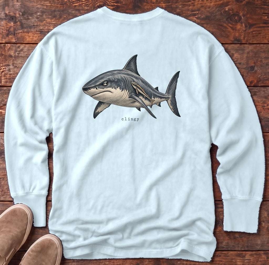 Clingy Shark Back Design Long Sleeve Tee Comfort Colors in Chambray, Salty Paws Comfort Colors Long Sleeve Tee, back design flat lay