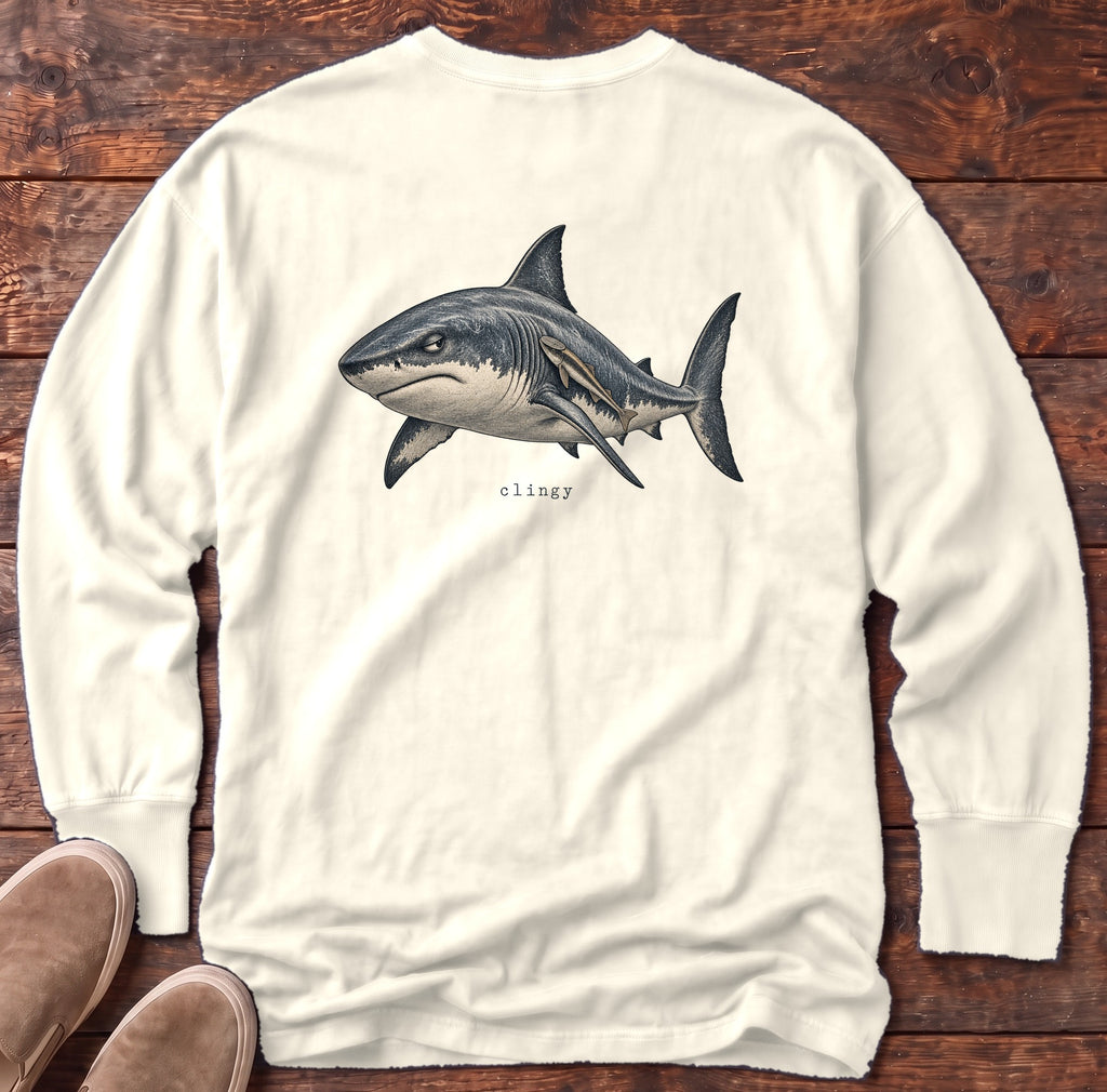 Clingy Shark Back Design Long Sleeve Tee Comfort Colors in Ivory, Salty Paws Comfort Colors Long Sleeve Tee, back design flat lay