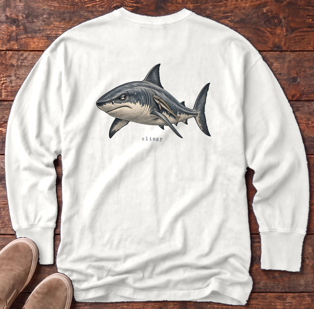 Clingy Shark Back Design Long Sleeve Tee Comfort Colors in White, Salty Paws Comfort Colors Long Sleeve Tee, back design flat lay