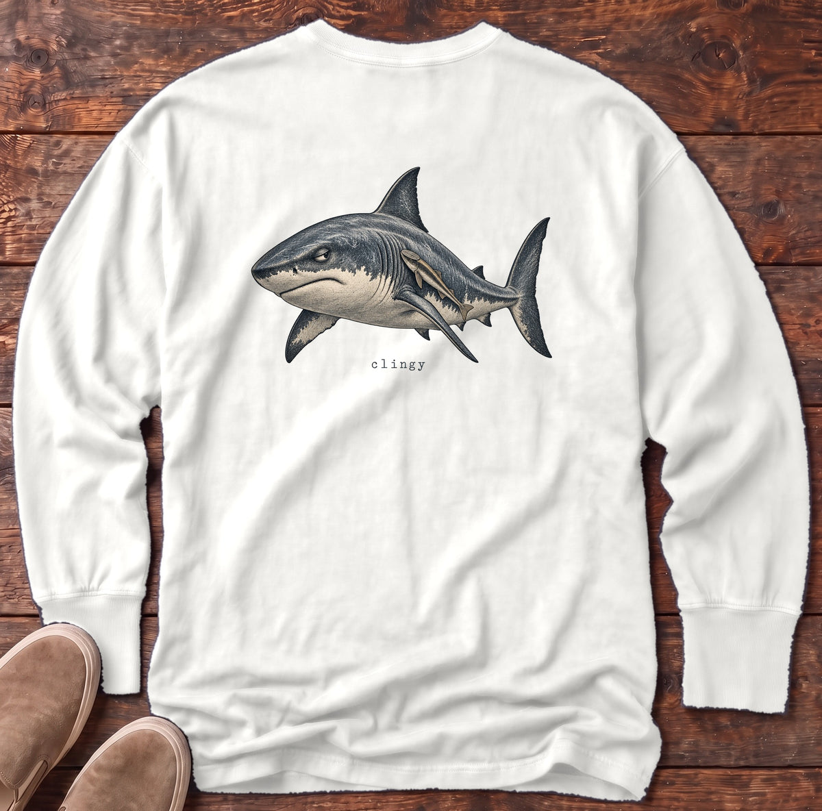 Clingy Shark Back Design Long Sleeve Tee Comfort Colors in White, Salty Paws Comfort Colors Long Sleeve Tee, back design flat lay