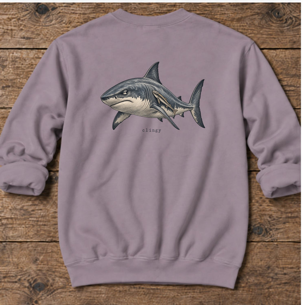 Clingy Shark Back Design Midweight Sweatshirt in Paragon, Salty Paws Midweight Sweatshirt, back design flat lay