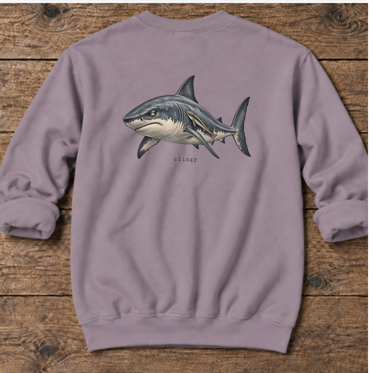 Clingy Shark Back Design Midweight Sweatshirt in Paragon, Salty Paws Midweight Sweatshirt, back design flat lay