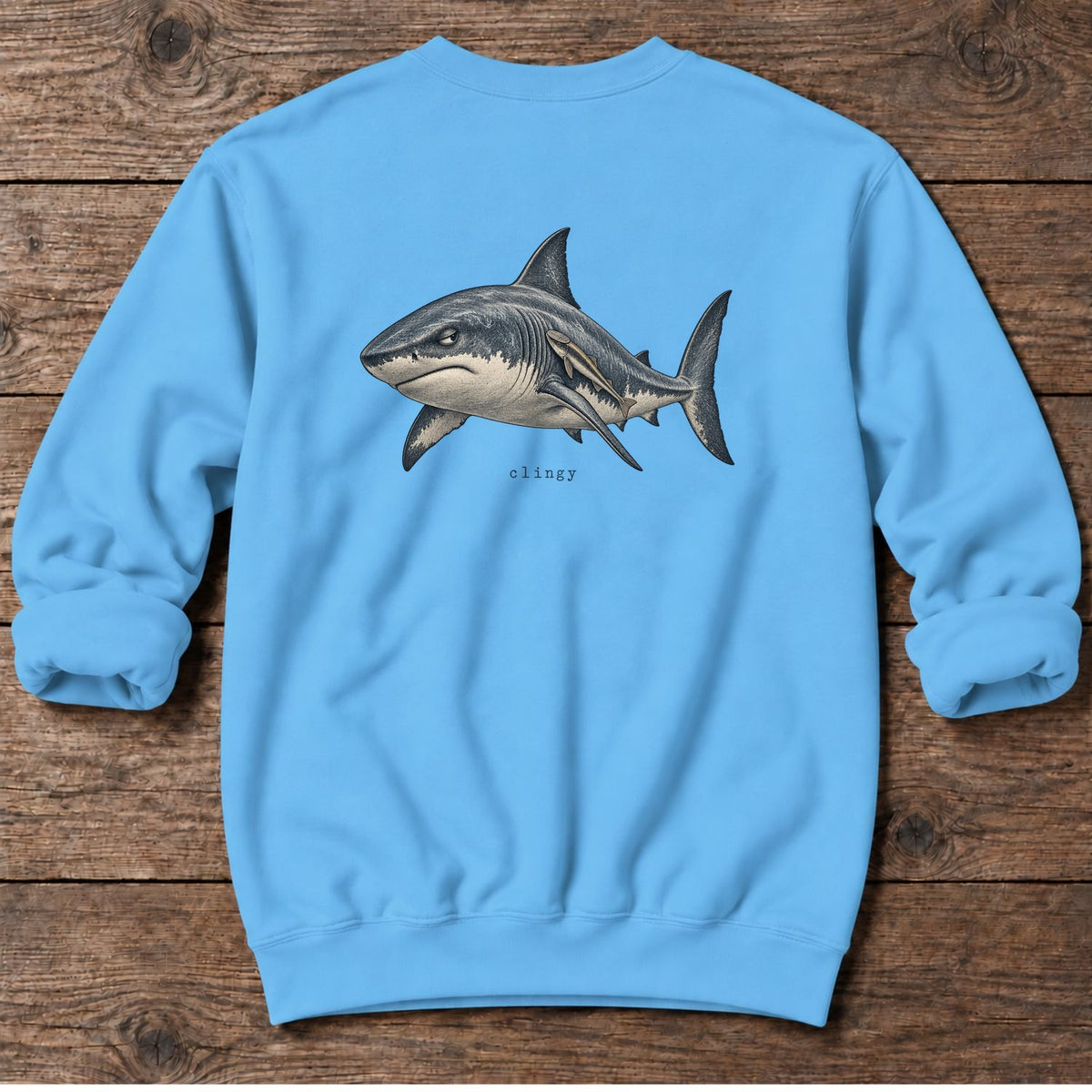 Clingy Shark Back Design Midweight Sweatshirt in Sky, Salty Paws Midweight Sweatshirt, back design flat lay