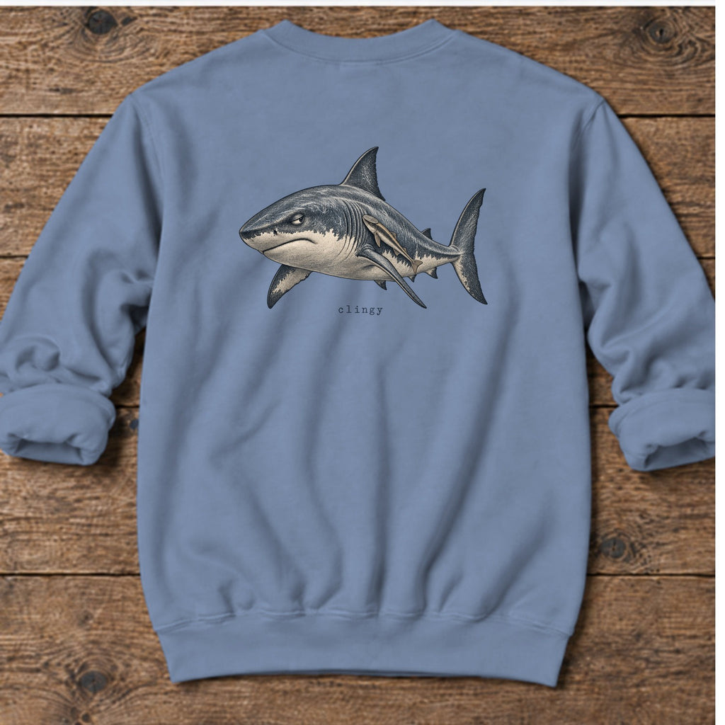 Clingy Shark Back Design Midweight Sweatshirt in Stone Blue, Salty Paws Midweight Sweatshirt, back design flat lay