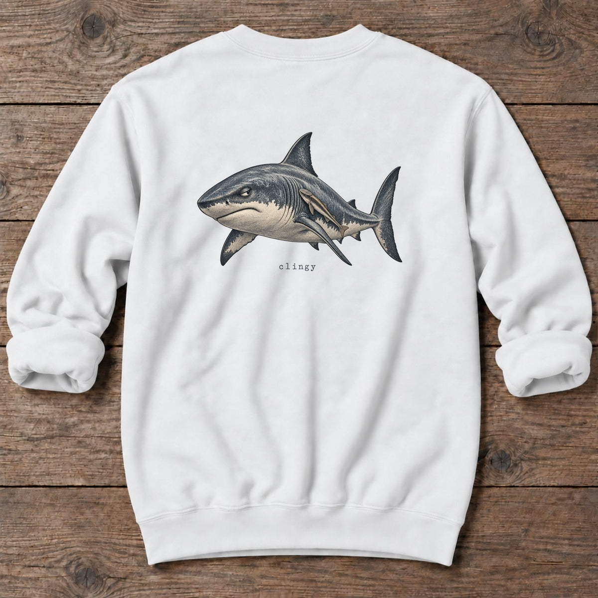 Clingy Shark Back Design Midweight Sweatshirt in White, Salty Paws Midweight Sweatshirt, back design flat lay