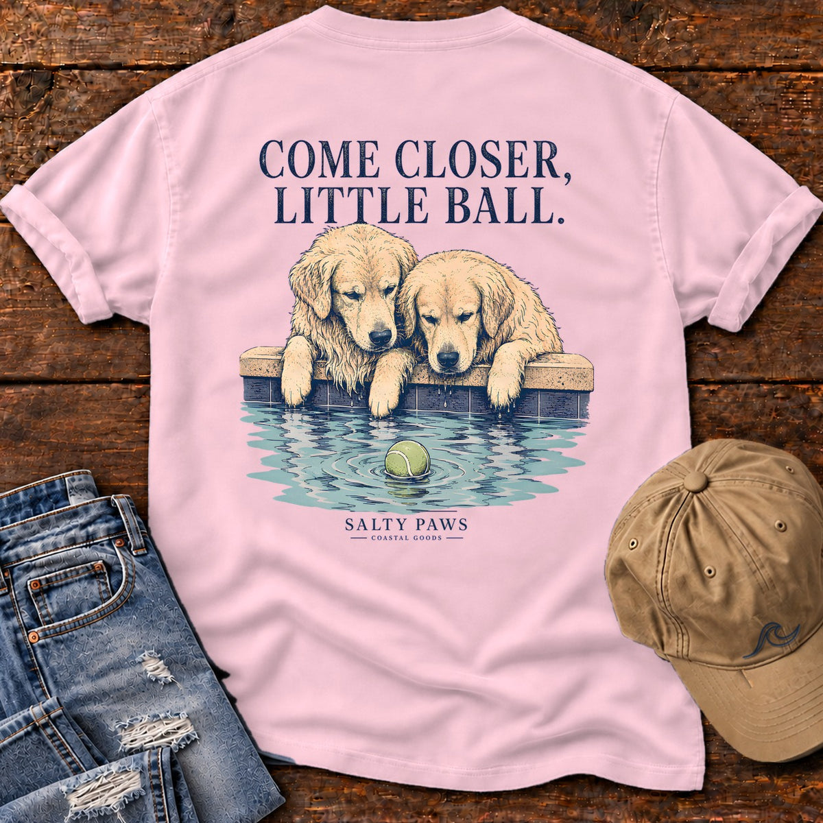 Come Closer, Little Ball Comfort Colors T-Shirt in Blossom, back design flat lay