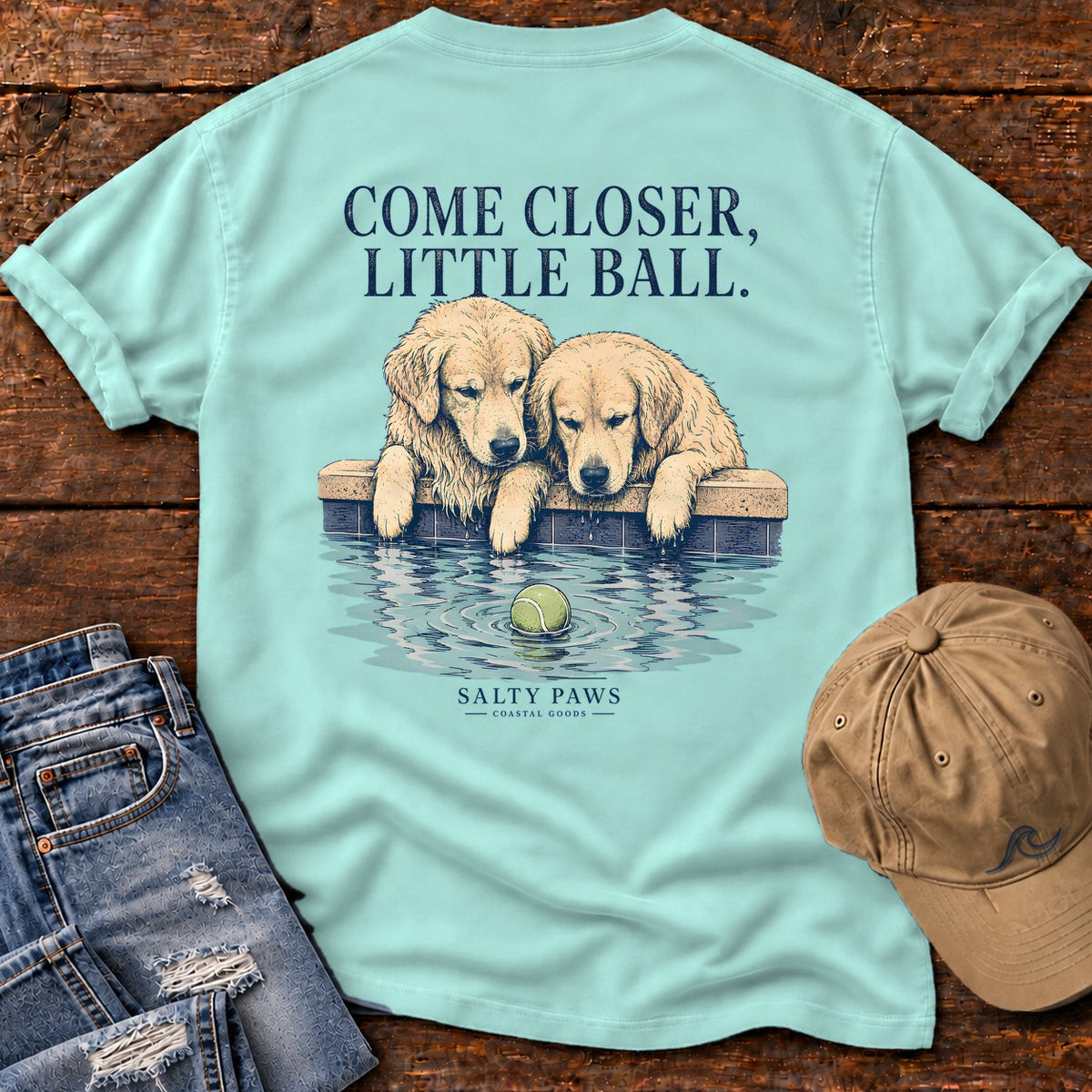 Come Closer, Little Ball Comfort Colors T-Shirt in Chalky Mint, back design flat lay