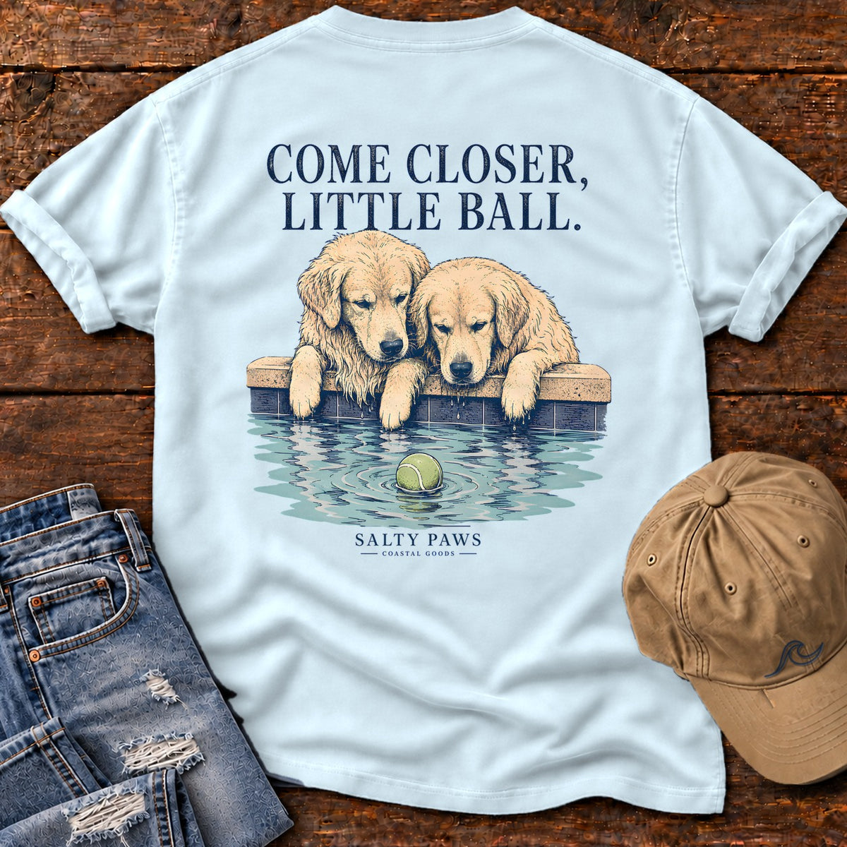Come Closer, Little Ball Comfort Colors T-Shirt in Chambray, back design flat lay