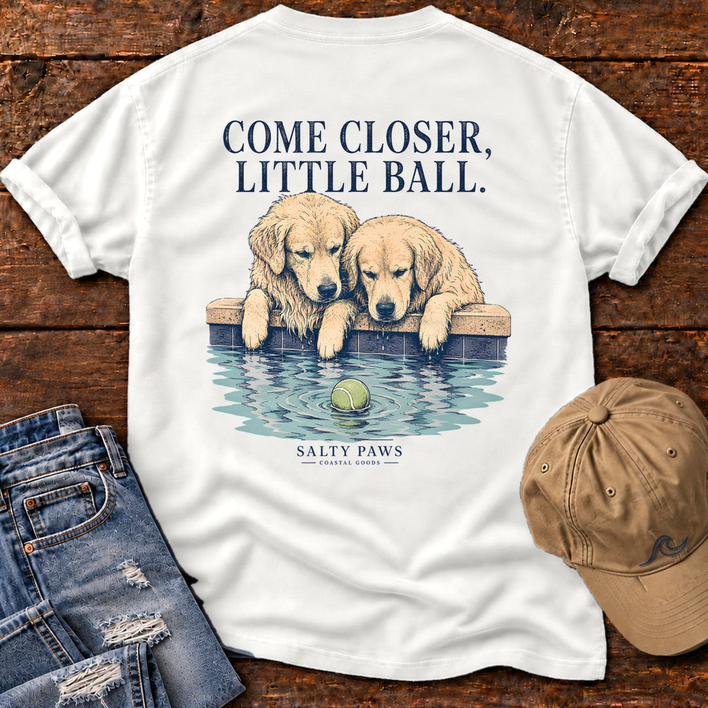 Come Closer, Little Ball Comfort Colors T-Shirt in White, back design flat lay