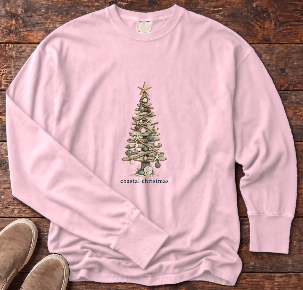 Coastal Christmas Driftwood Tree Long Sleeve Tee in Blossom, Salty Paws Comfort Colors Long Sleeve Tee, front design flat lay