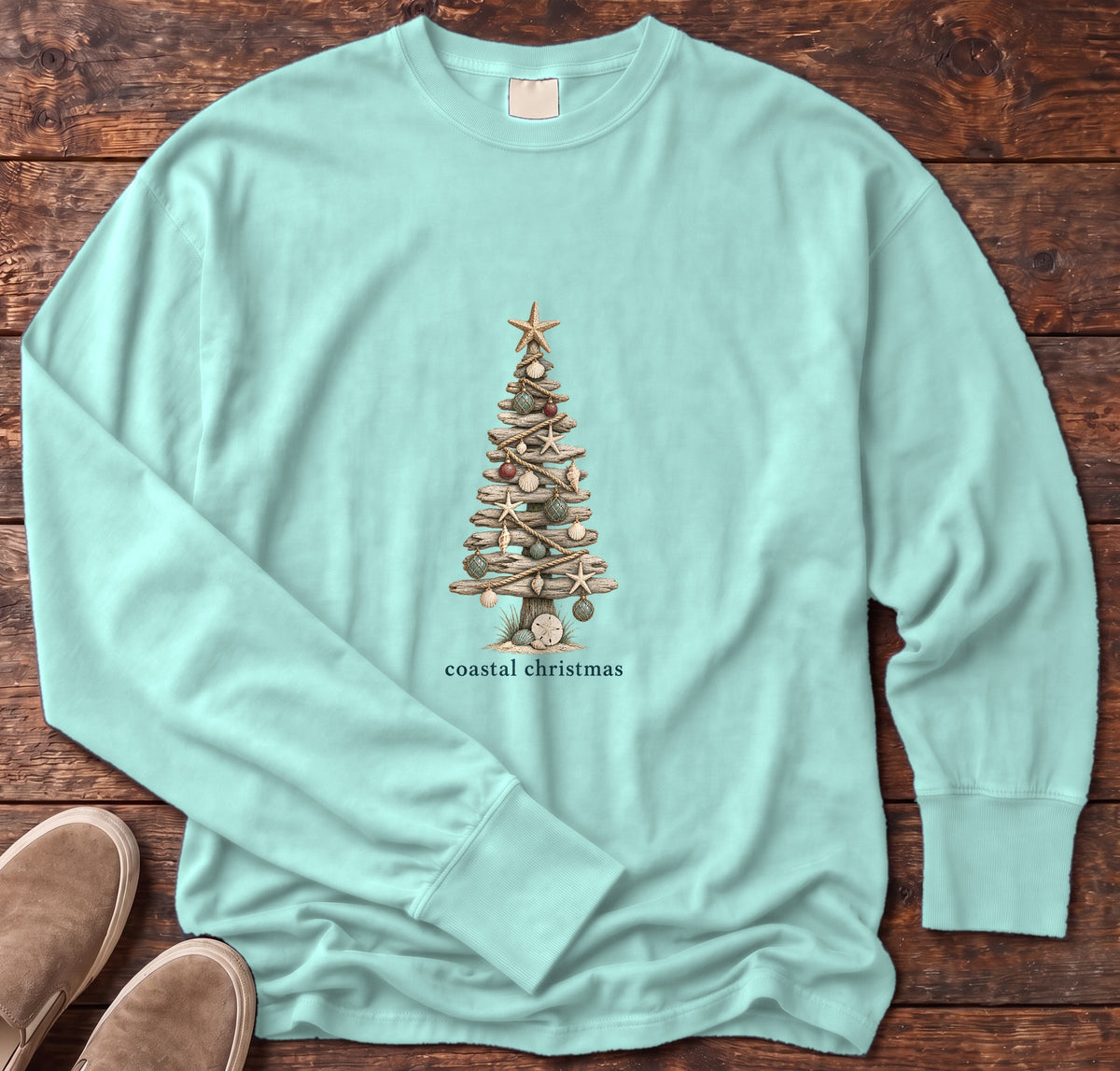 Coastal Christmas Driftwood Tree Long Sleeve Tee in Chalky Mint, Salty Paws Comfort Colors Long Sleeve Tee, front design flat lay