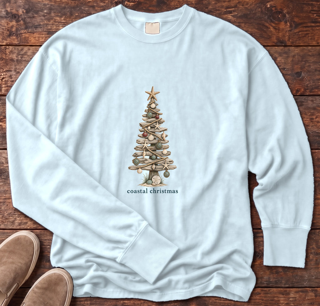 Coastal Christmas Driftwood Tree Long Sleeve Tee in Chambray, Salty Paws Comfort Colors Long Sleeve Tee, front design flat lay