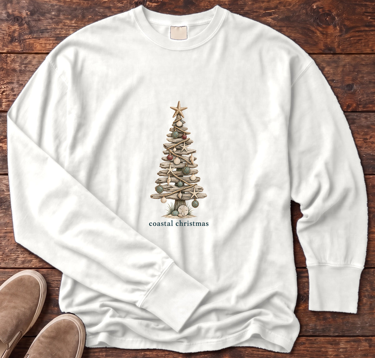 Coastal Christmas Driftwood Tree Long Sleeve Tee in White, Salty Paws Comfort Colors Long Sleeve Tee, front design flat lay