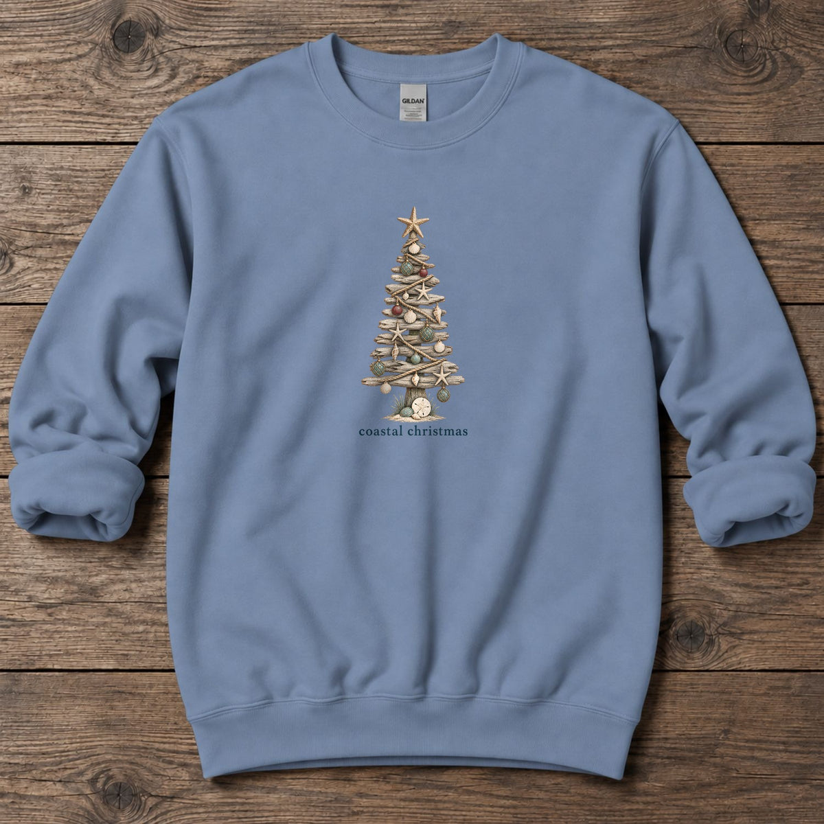 Coastal Christmas Driftwood Tree Midweight Sweatshirt in Stone Blue, Salty Paws Midweight Sweatshirt, front design flat lay
