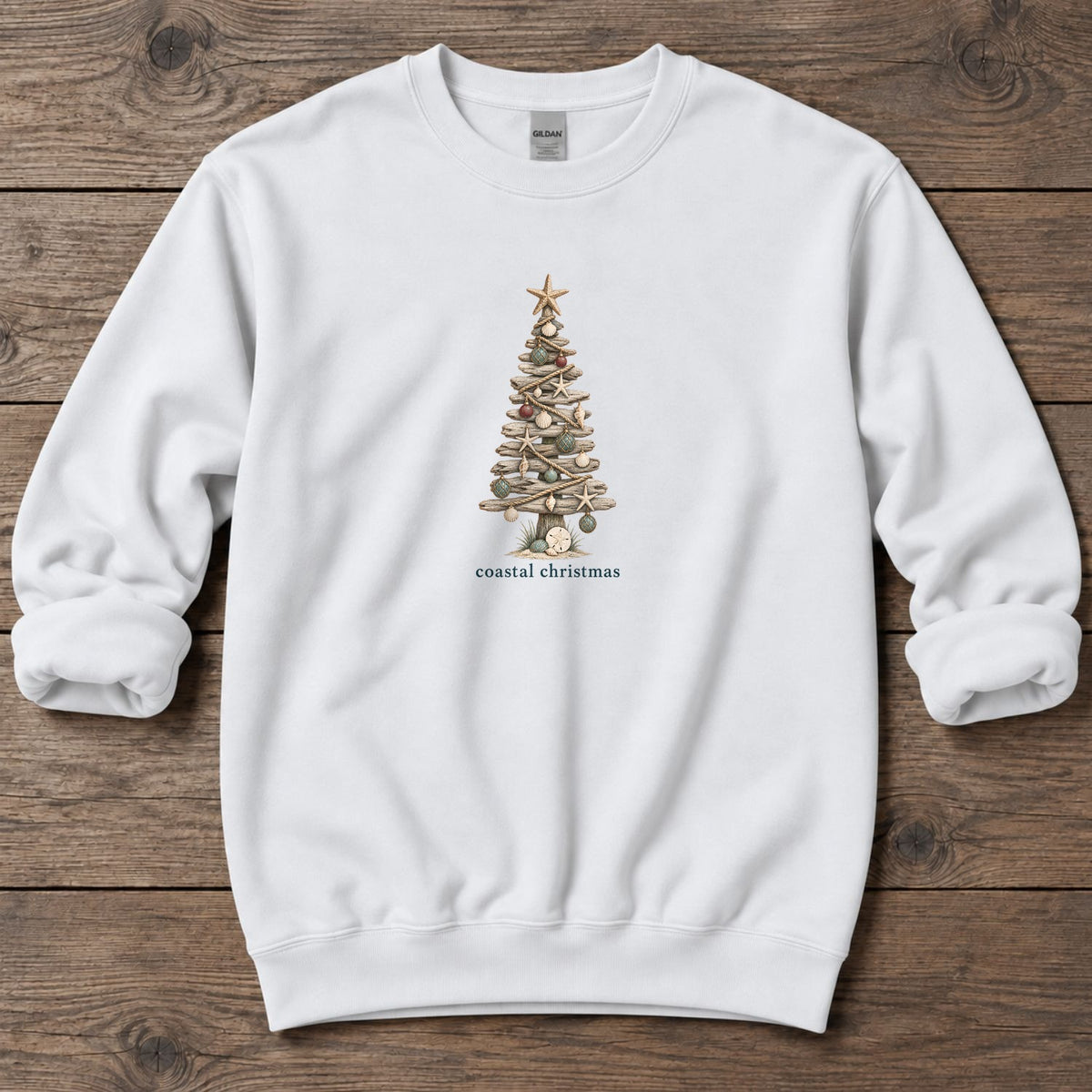 Coastal Christmas Driftwood Tree Midweight Sweatshirt in White, Salty Paws Midweight Sweatshirt, front design flat lay