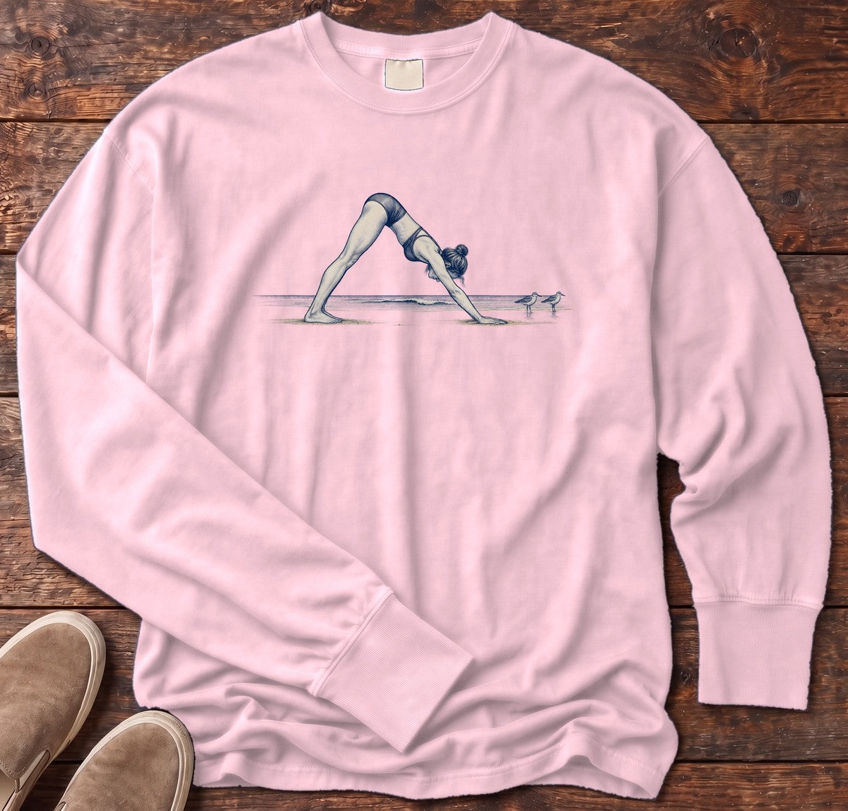 Coastal Downward Dog Yoga Long Sleeve Tee in Blossom, Salty Paws Comfort Colors Long Sleeve Tee, front design flat lay