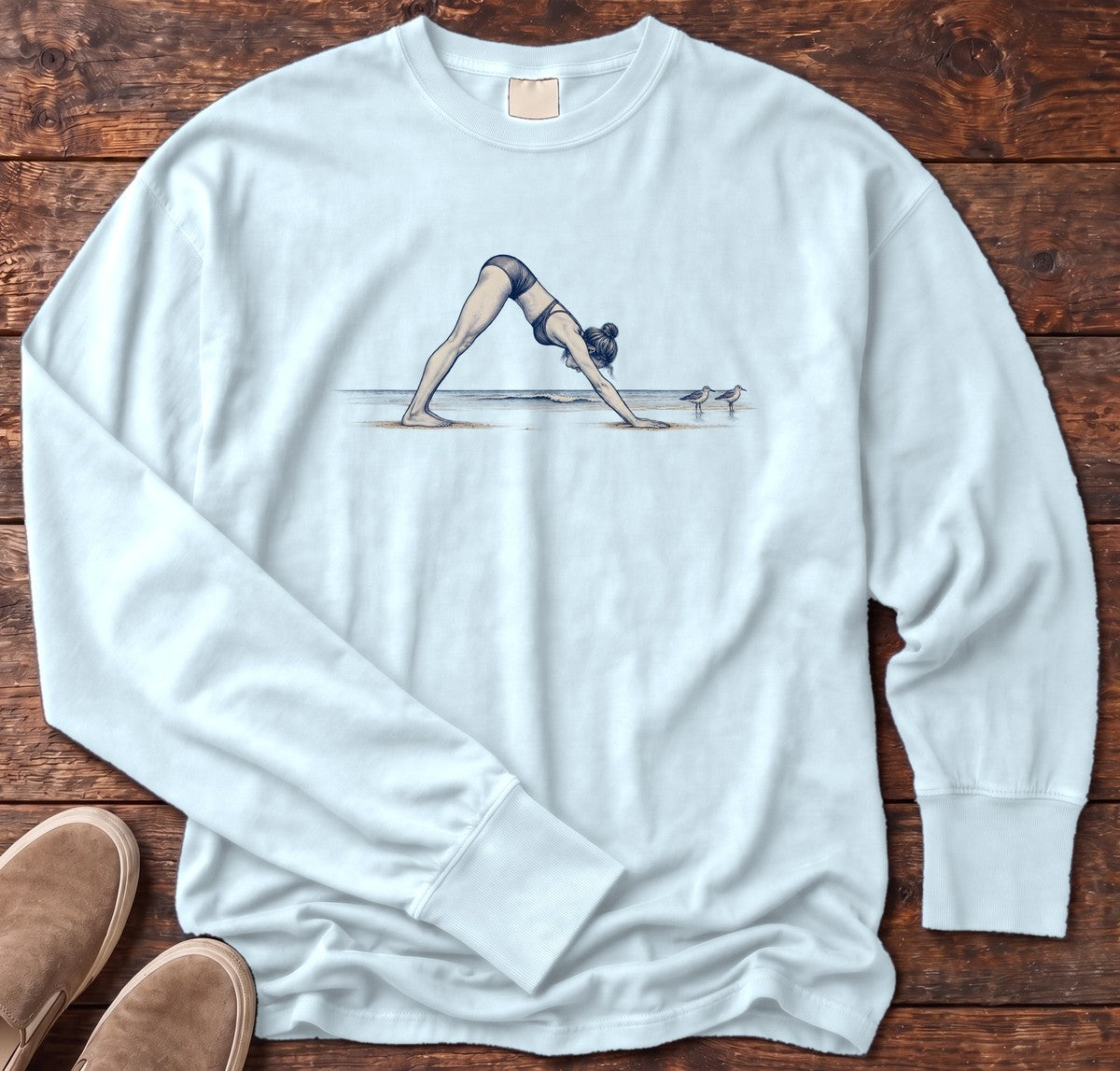 Coastal Downward Dog Yoga Long Sleeve Tee in Chambray, Salty Paws Comfort Colors Long Sleeve Tee, front design flat lay