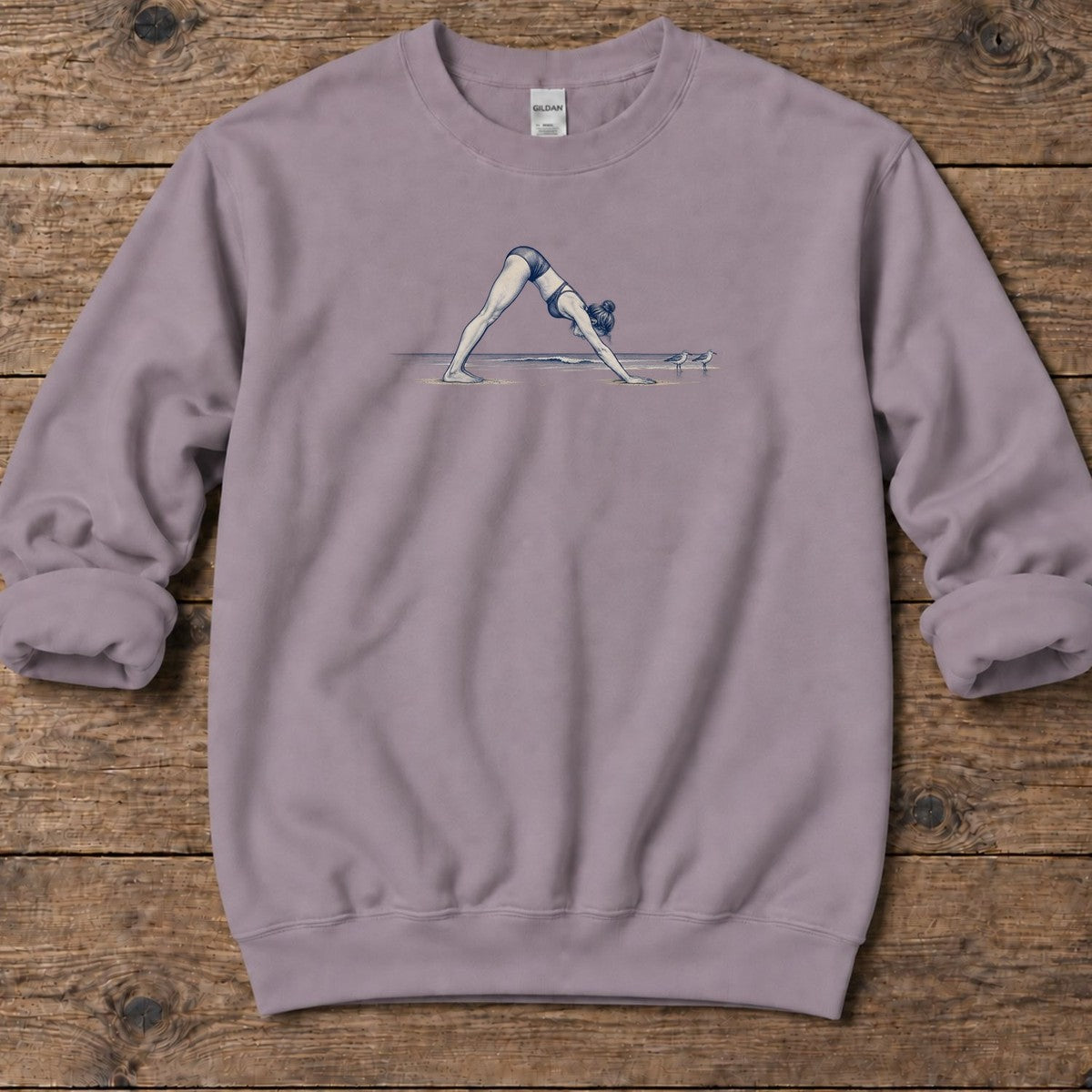 Coastal Downward Dog Yoga Midweight Sweatshirt in Paragon, Salty Paws Midweight Sweatshirt, front design flat lay