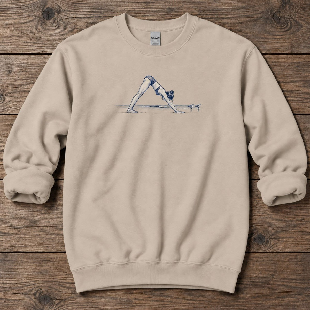 Coastal Downward Dog Yoga Midweight Sweatshirt in Sand, Salty Paws Midweight Sweatshirt, front design flat lay