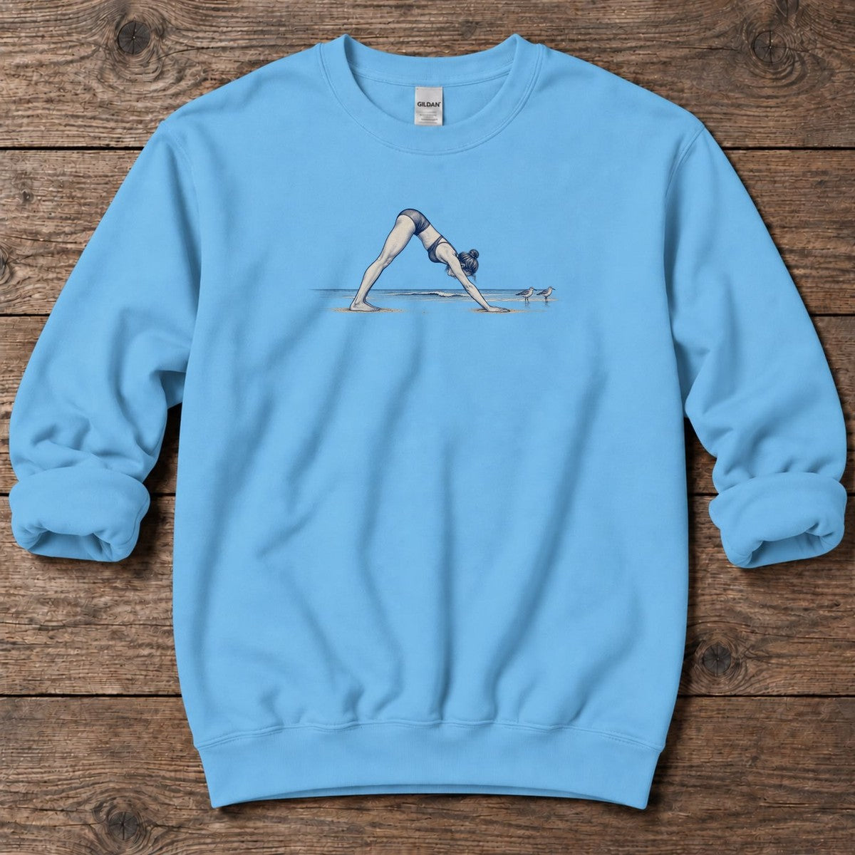 Coastal Downward Dog Yoga Midweight Sweatshirt in Sky, Salty Paws Midweight Sweatshirt, front design flat lay