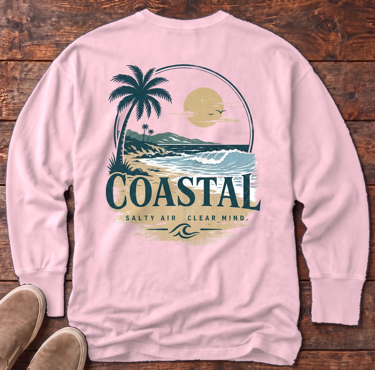 Coastal Salt Air Back Design Long Sleeve Tee in Blossom, Salty Paws Comfort Colors Long Sleeve Tee, back design flat lay