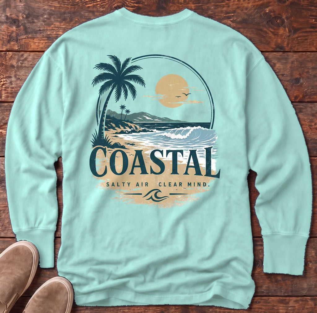 Coastal Salt Air Back Design Long Sleeve Tee in Chalky Mint, Salty Paws Comfort Colors Long Sleeve Tee, back design flat lay
