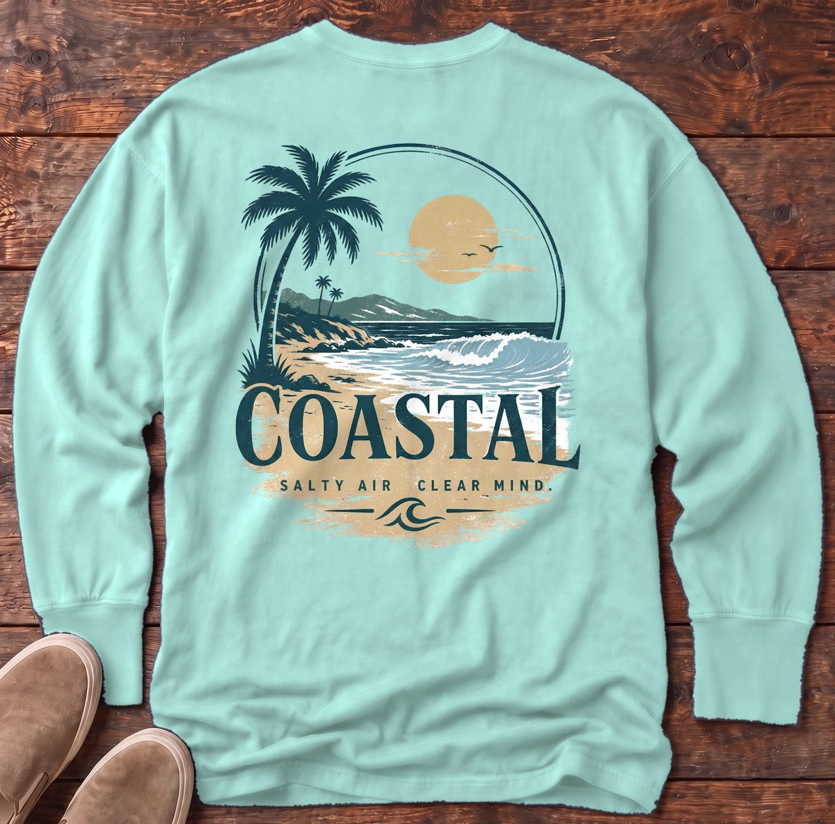 Coastal Salt Air Back Design Long Sleeve Tee in Chalky Mint, Salty Paws Comfort Colors Long Sleeve Tee, back design flat lay