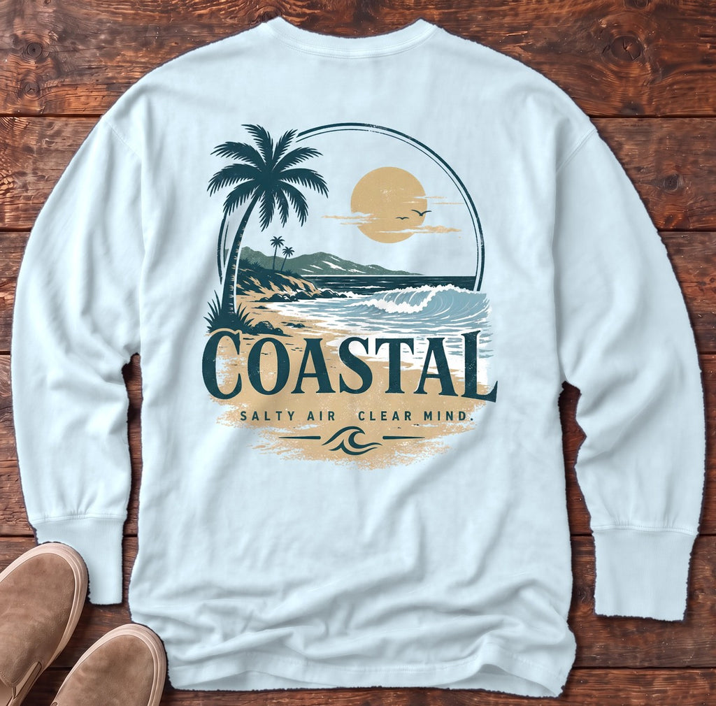 Coastal Salt Air Back Design Long Sleeve Tee in Chambray, Salty Paws Comfort Colors Long Sleeve Tee, back design flat lay