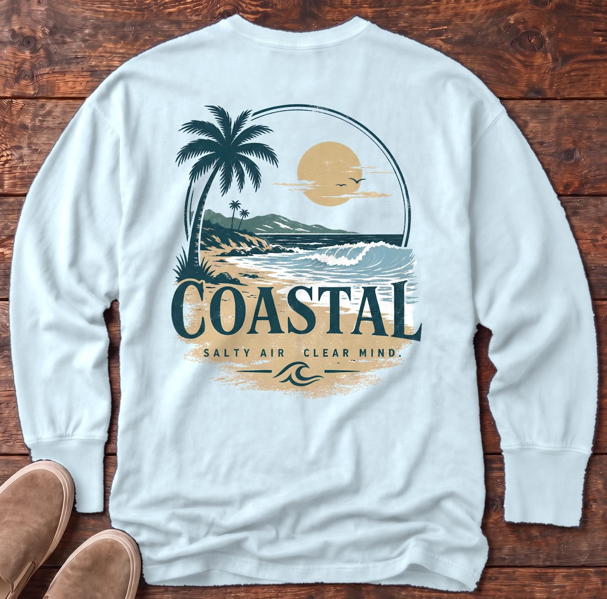 Coastal Salt Air Back Design Long Sleeve Tee in Chambray, Salty Paws Comfort Colors Long Sleeve Tee, back design flat lay