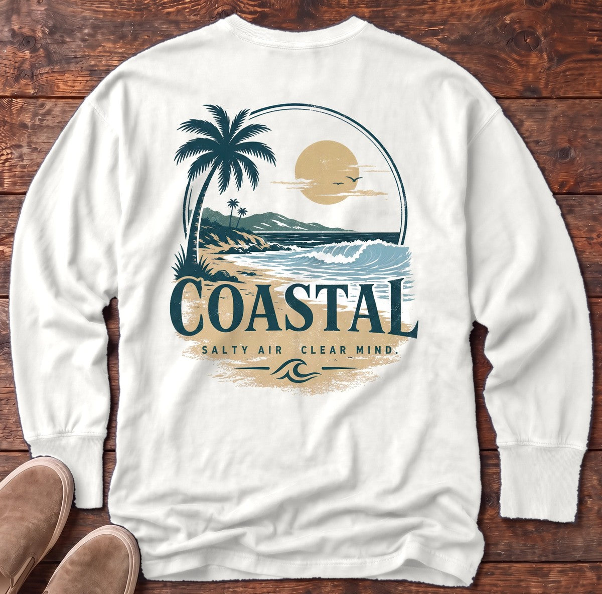 Coastal Salt Air Back Design Long Sleeve Tee in White, Salty Paws Comfort Colors Long Sleeve Tee, back design flat lay