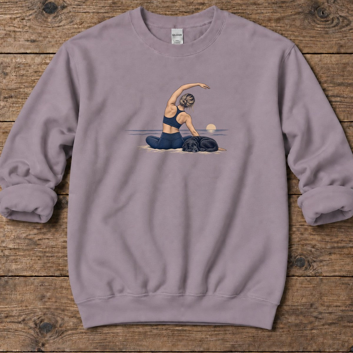 Coastal Stretch with a Sleeping Labrador Midweight Sweatshirt in Paragon, Salty Paws Midweight Sweatshirt, front design flat lay
