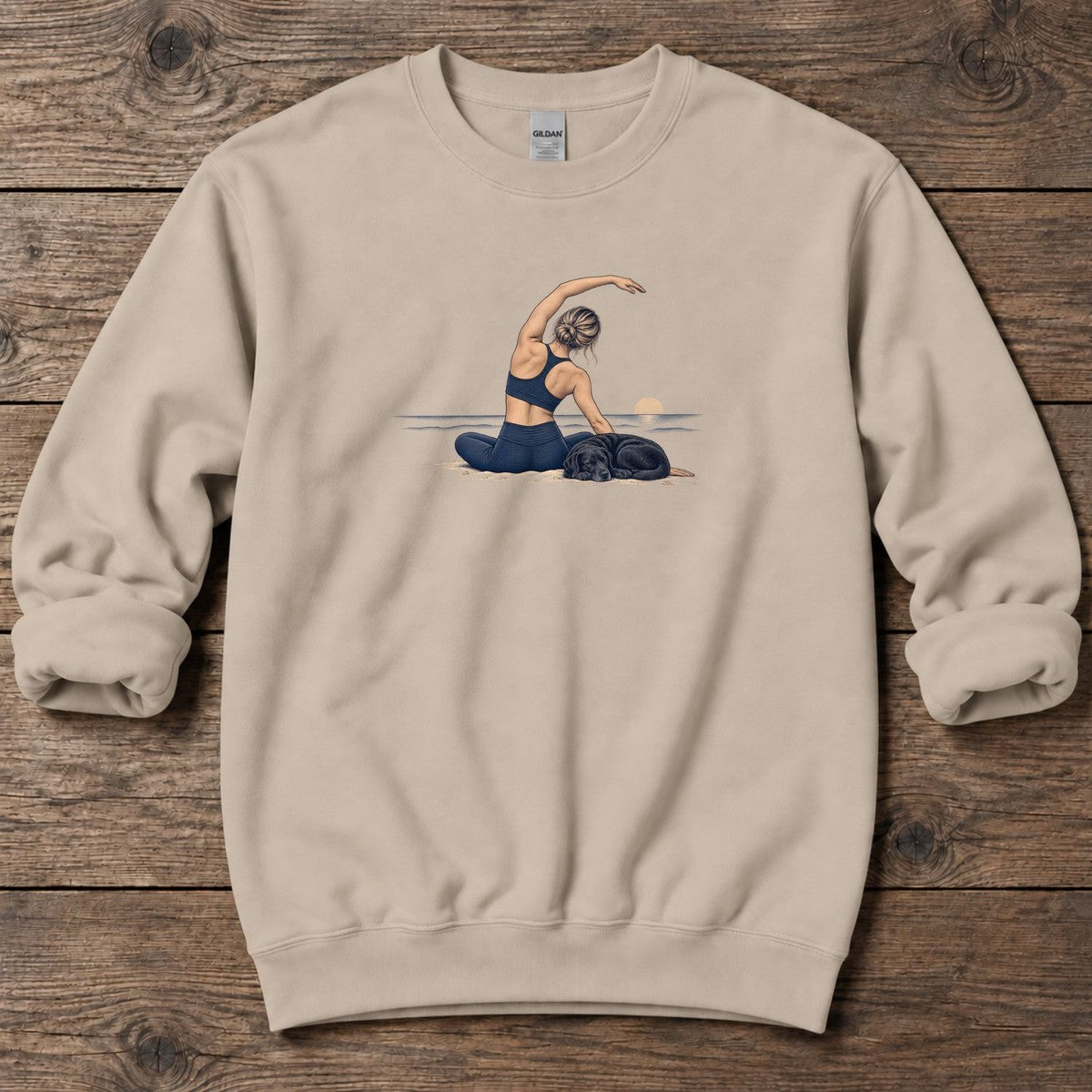 Coastal Stretch with a Sleeping Labrador Midweight Sweatshirt in Sand, Salty Paws Midweight Sweatshirt, front design flat lay