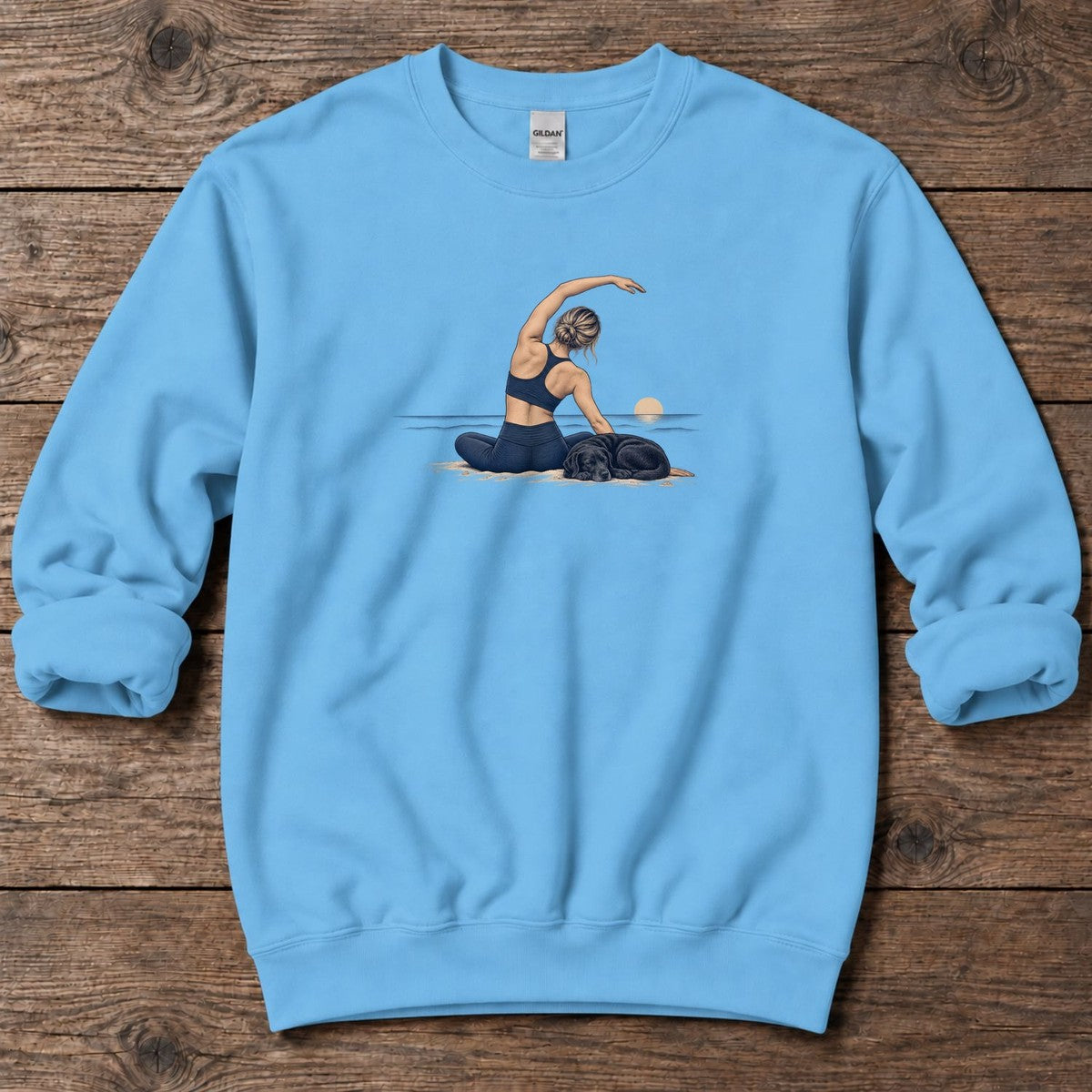 Coastal Stretch with a Sleeping Labrador Midweight Sweatshirt in Sky, Salty Paws Midweight Sweatshirt, front design flat lay
