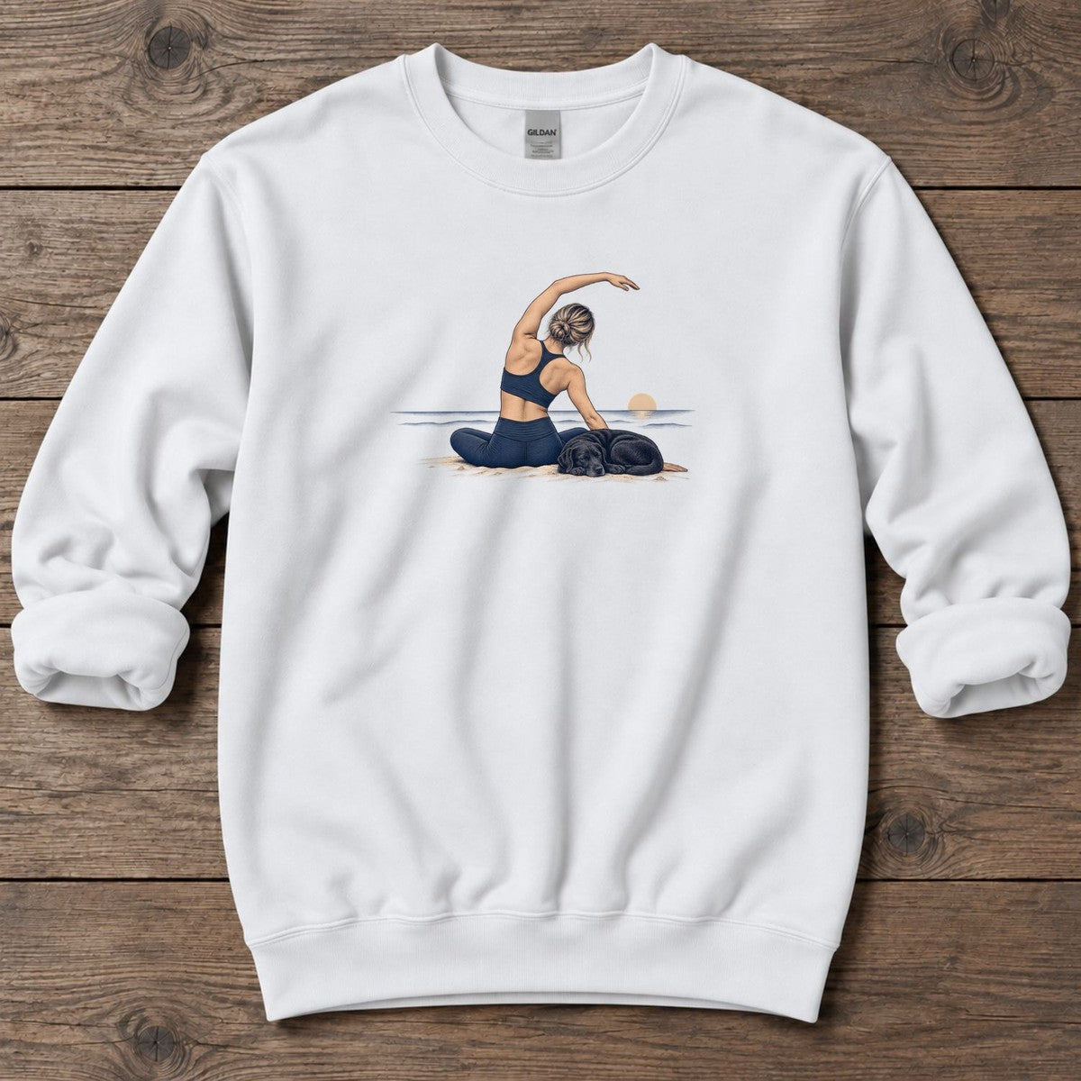 Coastal Stretch with a Sleeping Labrador Midweight Sweatshirt in White, Salty Paws Midweight Sweatshirt, front design flat lay