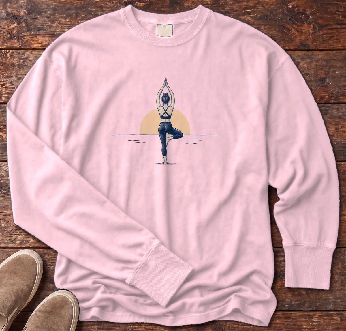 Coastal Sunrise Tree Pose Long Sleeve Tee in Blossom, Salty Paws Comfort Colors Long Sleeve Tee, front design flat lay