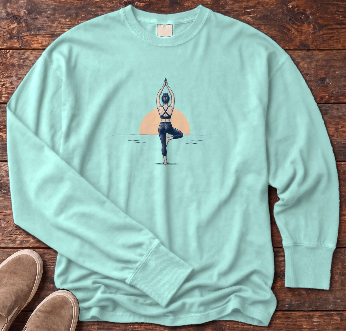 Coastal Sunrise Tree Pose Long Sleeve Tee in Chalky Mint, Salty Paws Comfort Colors Long Sleeve Tee, front design flat lay