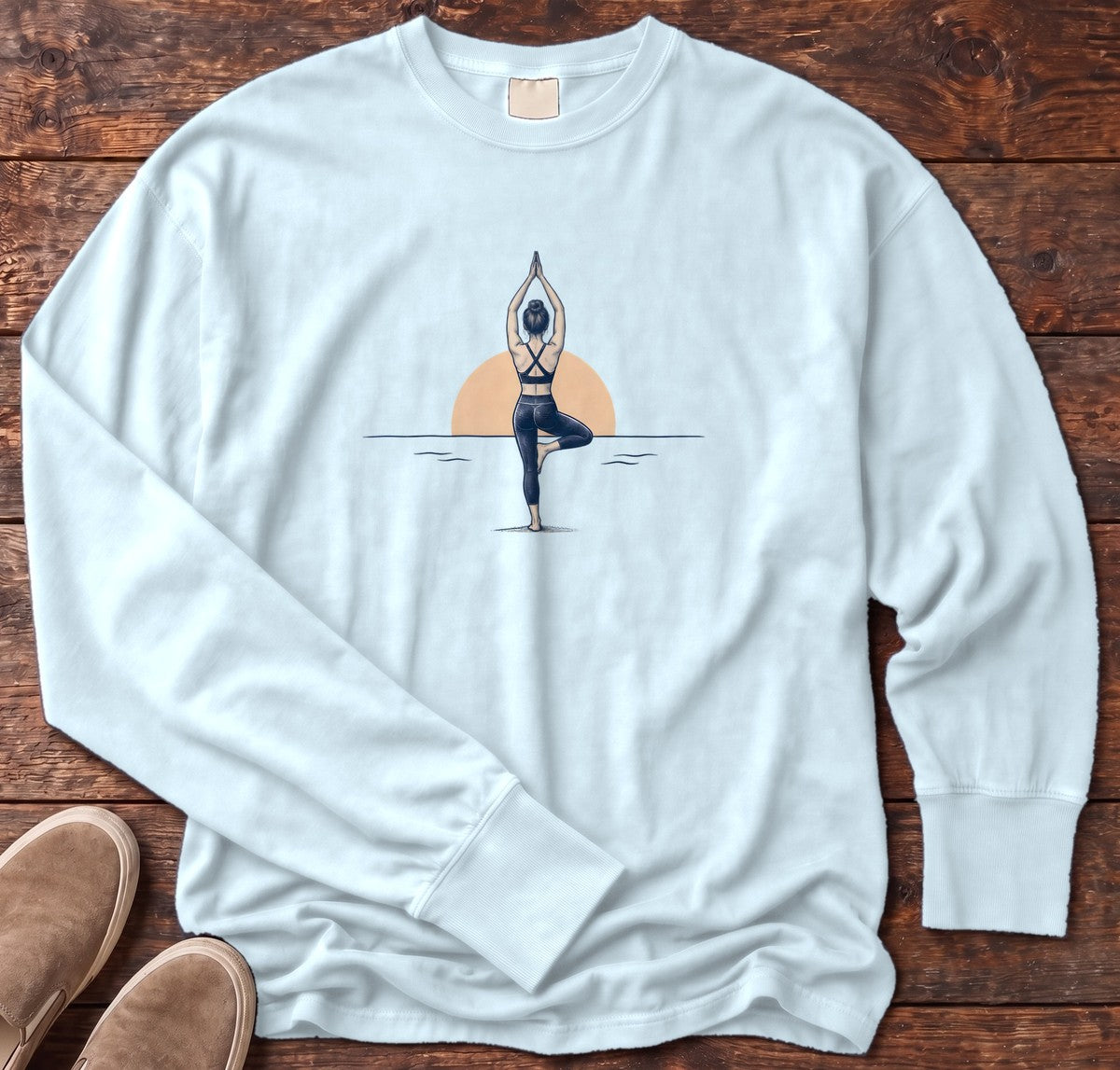 Coastal Sunrise Tree Pose Long Sleeve Tee in Chambray, Salty Paws Comfort Colors Long Sleeve Tee, front design flat lay