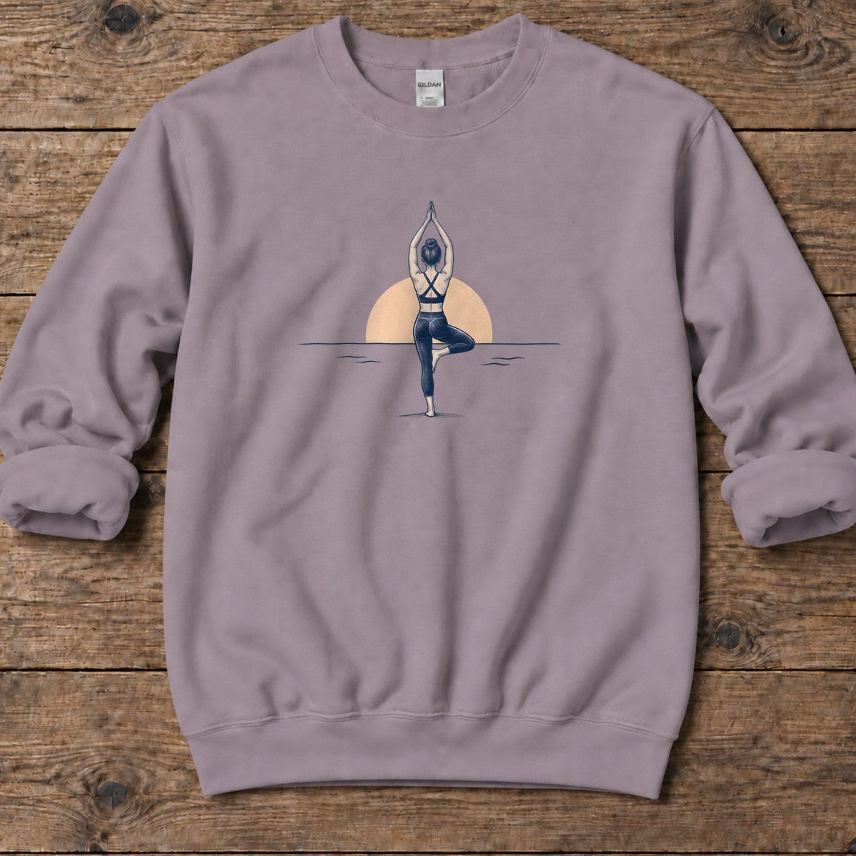 Coastal Sunrise Tree Pose Midweight Sweatshirt in Paragon, Salty Paws Midweight Sweatshirt, front design flat lay