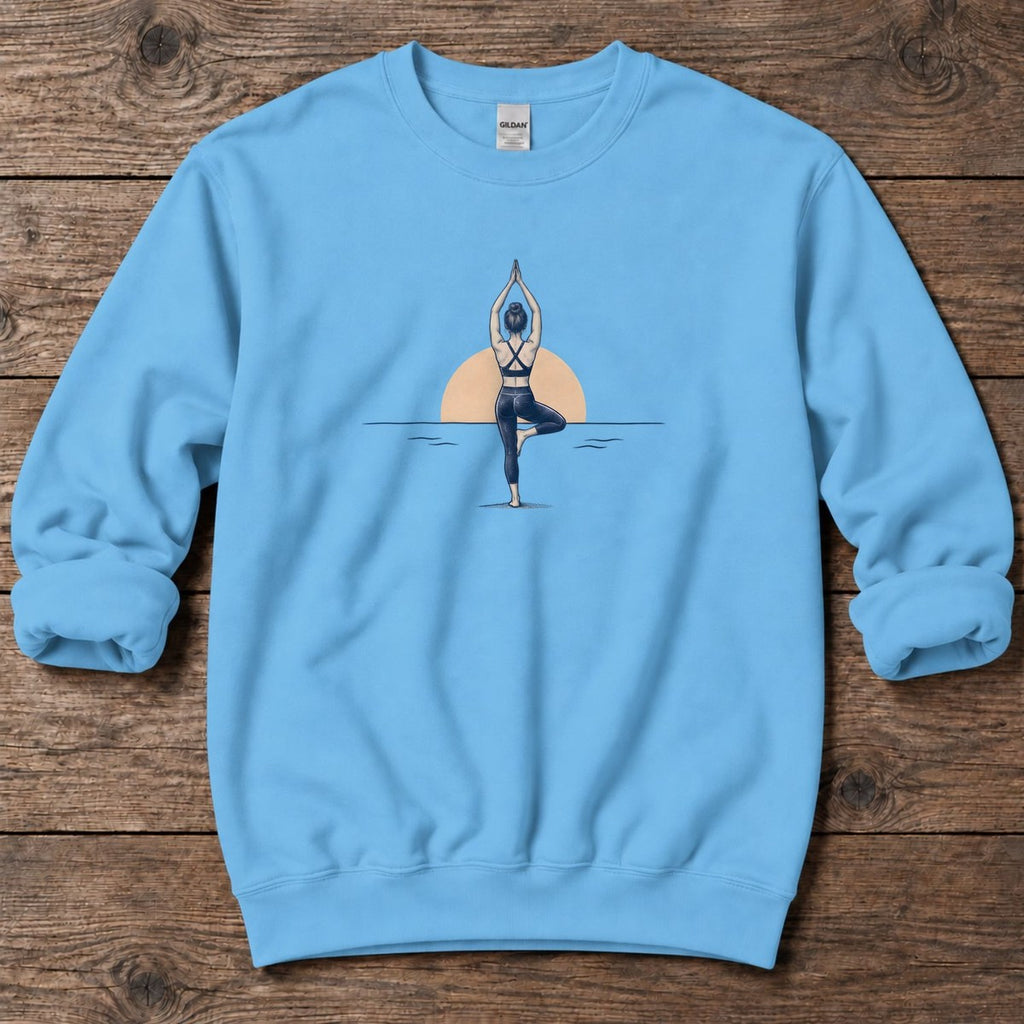 Coastal Sunrise Tree Pose Midweight Sweatshirt in Sky, Salty Paws Midweight Sweatshirt, front design flat lay