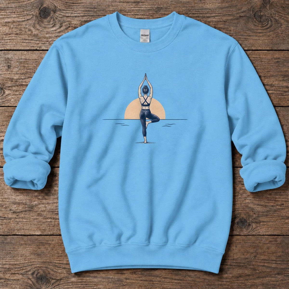Coastal Sunrise Tree Pose Midweight Sweatshirt in Sky, Salty Paws Midweight Sweatshirt, front design flat lay