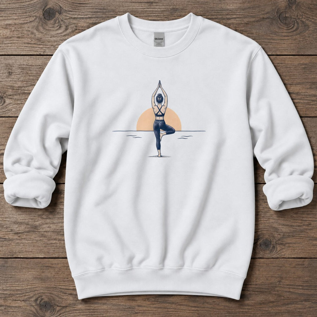 Coastal Sunrise Tree Pose Midweight Sweatshirt in White, Salty Paws Midweight Sweatshirt, front design flat lay