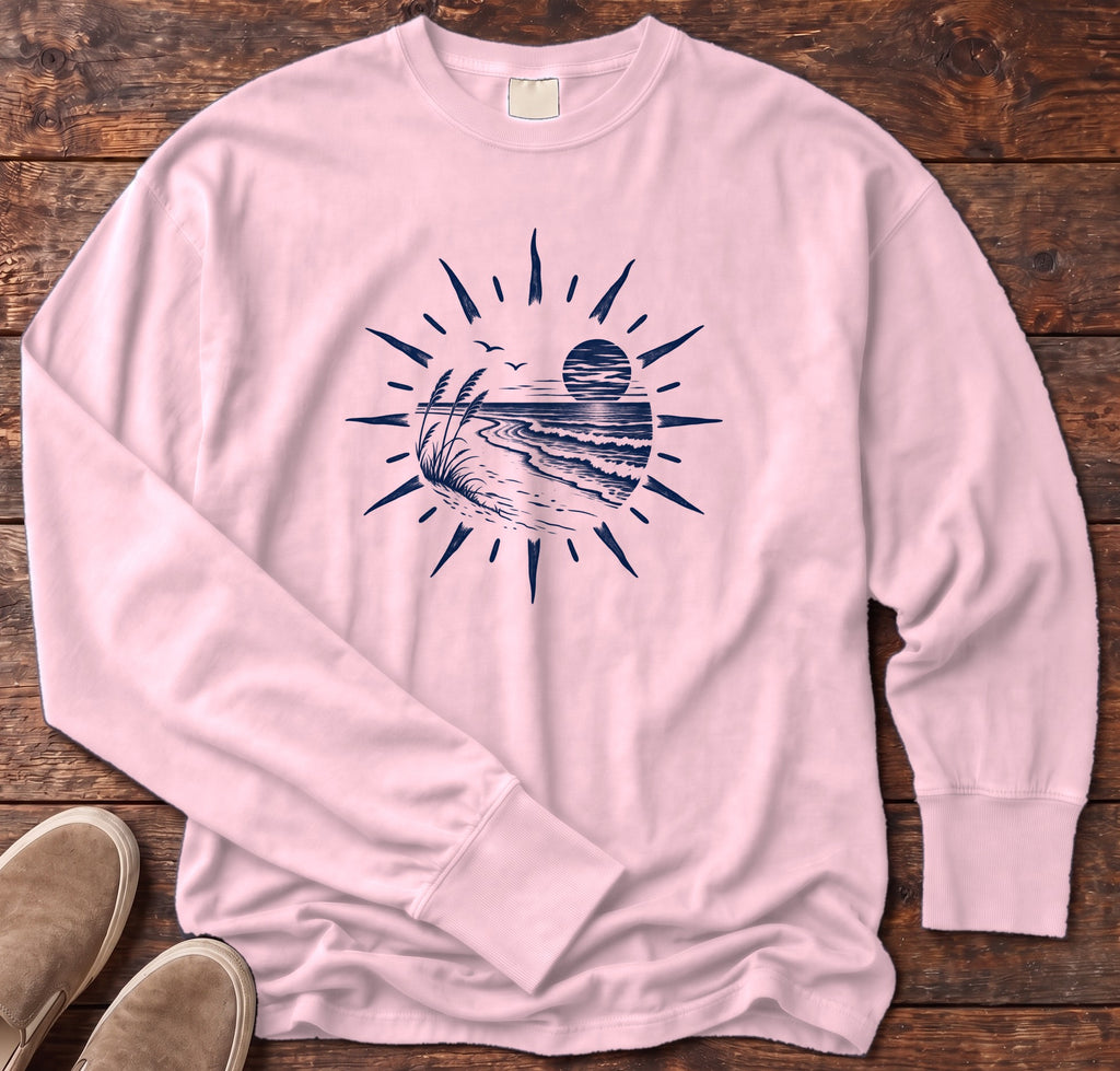 Coastal Sunset Sunburst Long Sleeve Tee Comfort Colors in Blossom, Salty Paws Comfort Colors Long Sleeve Tee, front design flat lay