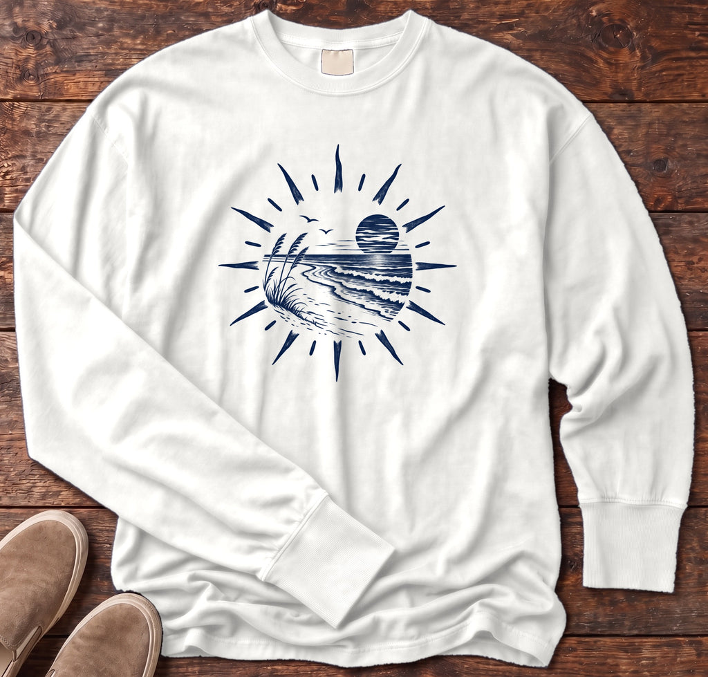Coastal Sunset Sunburst Long Sleeve Tee Comfort Colors in White, Salty Paws Comfort Colors Long Sleeve Tee, front design flat lay